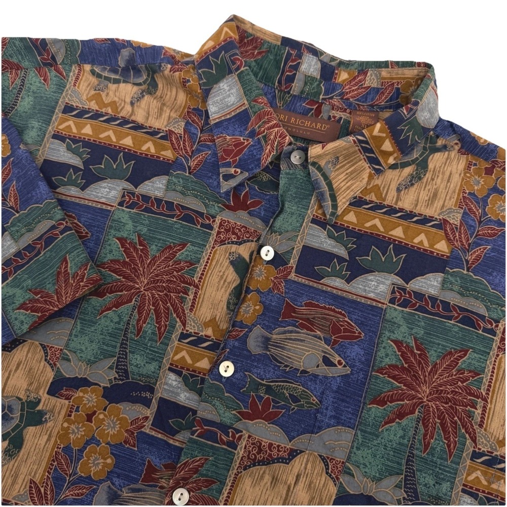 Tori Richard Shirt Mens XL Blue Hawaiian Cotton Lawn Sea Turtle Fish Aloha